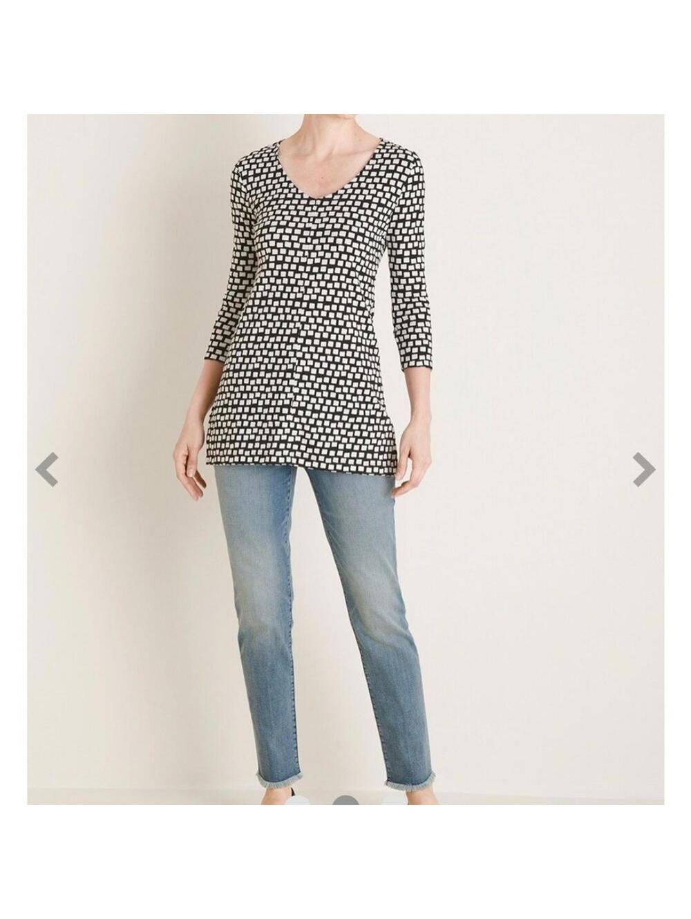 Chico's Pima Cotton Square-Dot Seam-Detail Tunic Black White Size 0 (S/4-6) - Picture 2 of 5